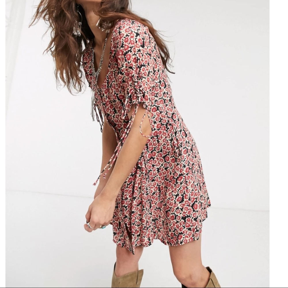 Free People Black Red Floral Laced Up Mini Dress
